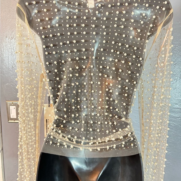 Haute Monde Mesh Rhinestone Faux Pearl Top - Nude - Picture 8 of 12